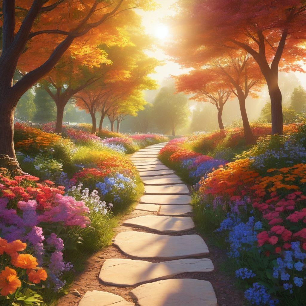 A serene landscape depicting a winding path through a vibrant park, with blooming flowers and uplifting sunshine, symbolizing hope and healing. Along the path, silhouettes of diverse individuals supporting each other, showcasing unity and positivity in the face of adversity. Incorporate gentle, warm colors to evoke comfort and strength. super-realistic. vibrant colors. 3D.
