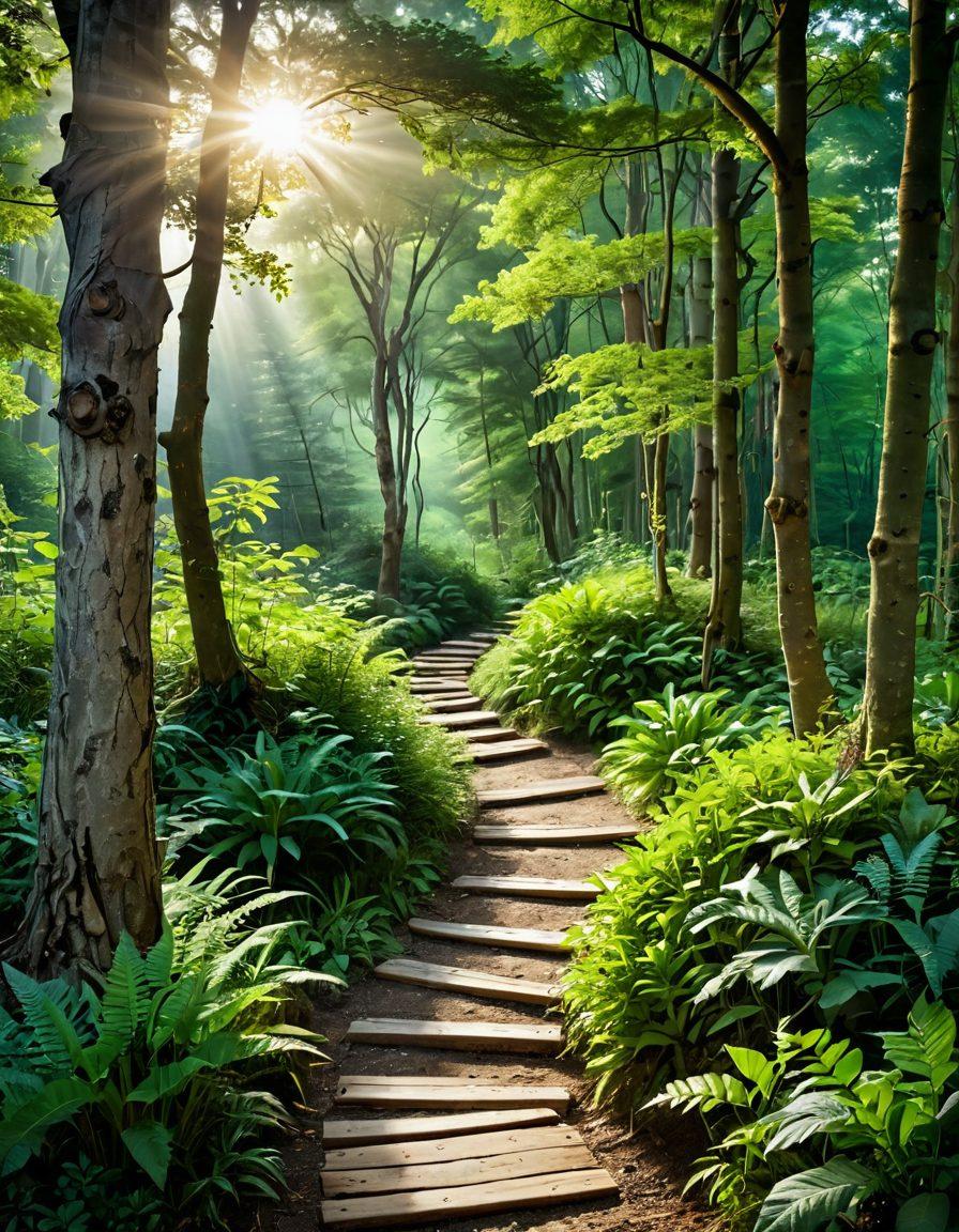 A serene landscape depicting various treatment paths winding through a lush, green forest, with signposts highlighting different holistic options like herbal medicine, yoga, and acupuncture. Show diverse patients walking confidently along the paths, engaged in discussions. The sun shines through the trees, casting a warm glow on the scene, symbolizing hope and healing. super-realistic. vibrant colors. soft focus.