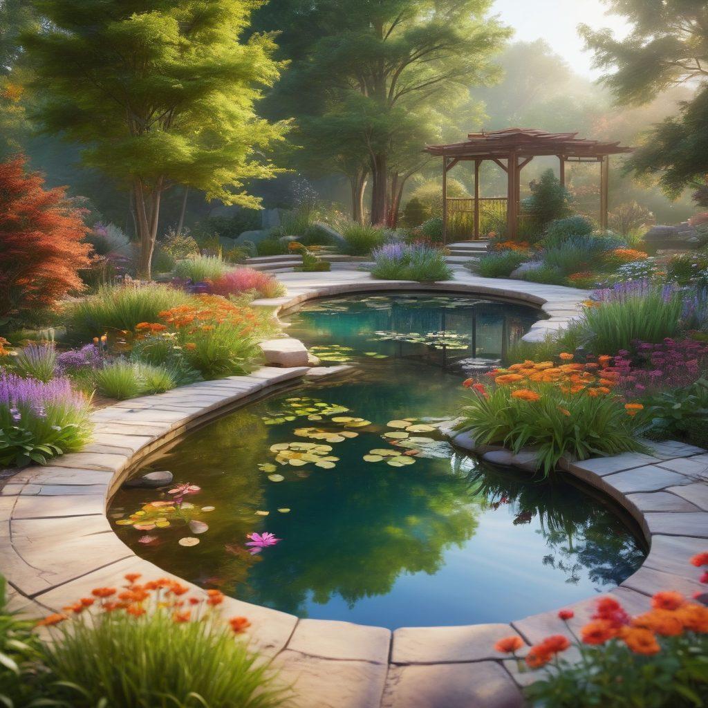 A serene landscape featuring a healing garden with vibrant flowers, a tranquil pond, and a diverse group of individuals engaging in supportive activities like yoga, meditation, and group discussions. The scene should radiate positivity and hope, symbolizing emotional and physical well-being while incorporating soft, warm lighting. super-realistic. vibrant colors. calming atmosphere.